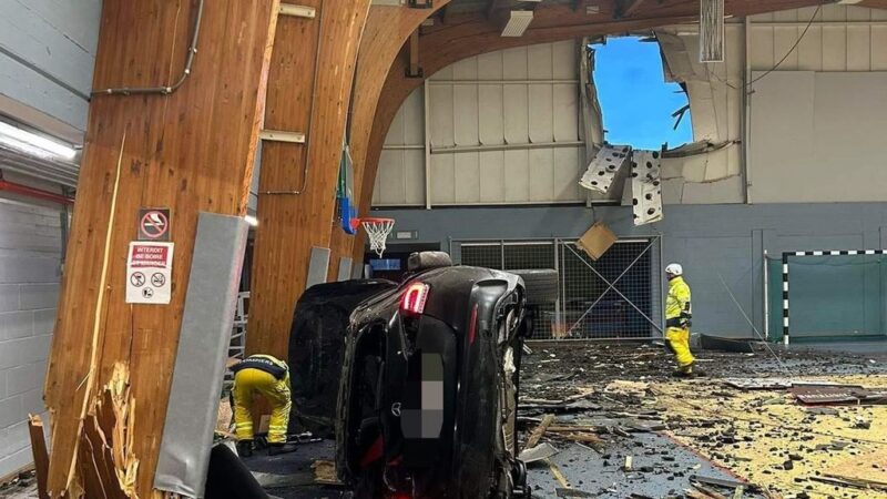 Hard-driving professional soccer player flies into sports hall in Belgium with car