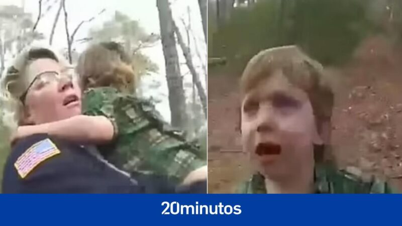 The emotional moment in which a 4-year-old boy who got lost in the forest is found and his dog did not leave his side.
